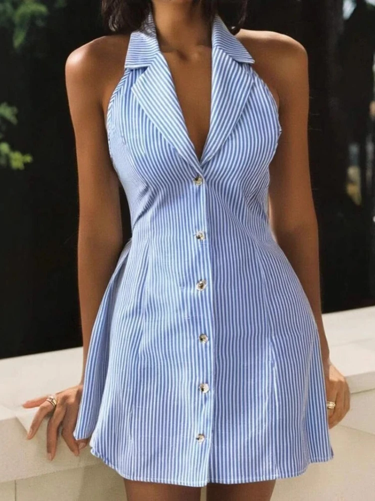 Neues Sommerliches Rückenfreies Trägerkleid mit Schleife, A-Linien-Strandkleid, Einreihiges Knopf-Camisole-Kleid, Elegantes Damen-Maxikleid