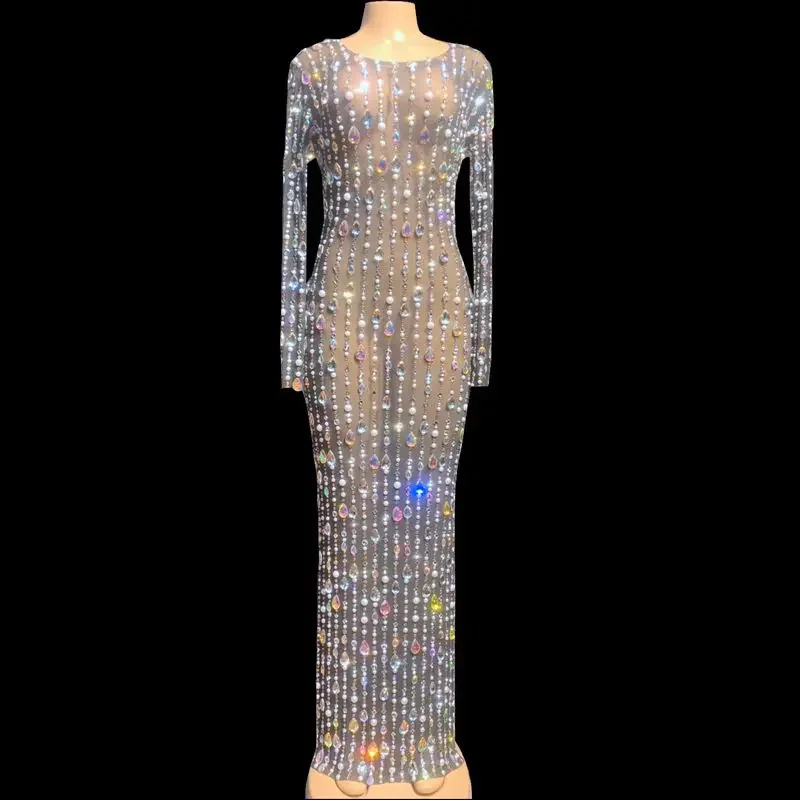 Błyszcząca Sukienka z Cyrkoniami i Perłami dla Kobiet, Sekowna Prześwitująca Sukienka Wieczorowa na Urodziny, Imprezę, Długa Sukienka do Sesji Zdjęciowej