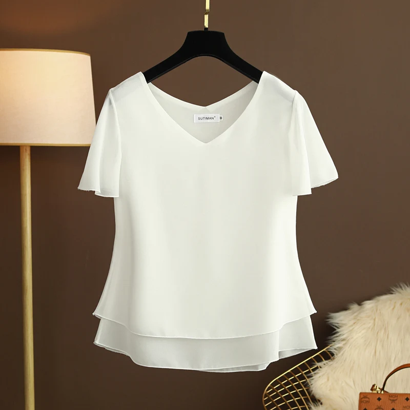 Summer New Fashion Brand Double V-neck Solid Color Chiffon Loose Large Size Casual Women's Small Shirt Short Sleeve Top