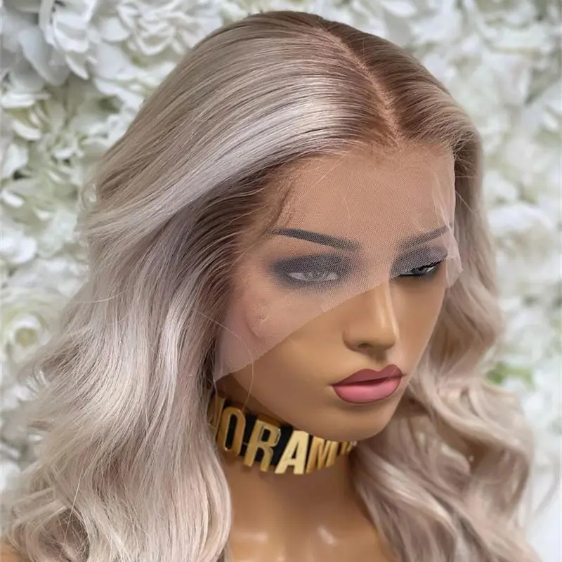 Platinum Blonde With Brown Lowlights And Dark Roots Body Wave Synthetic Wig For Women Natural Looking Middle Part High Density