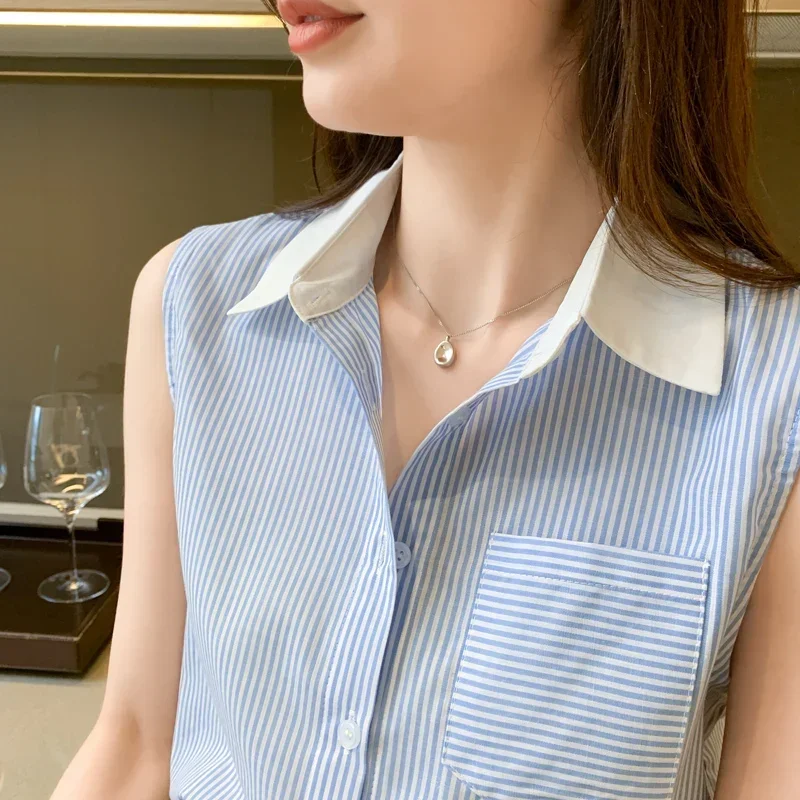 Chiffon Sleeveless Women\'s Blouse Casual Summer Comfortable Breathable Fashion Patchwork Turndown Collar Buttons Striped Shirt