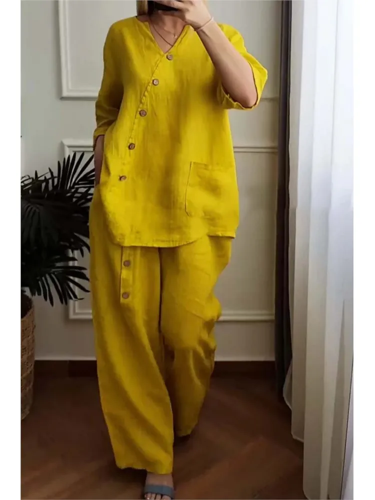 Casual 2PCS Fashion Women Suit 2024 Spring Summer 3/4 Sleeve Pocket Button Blouse Loose Pant Sets Work Solid Two Piece Sets