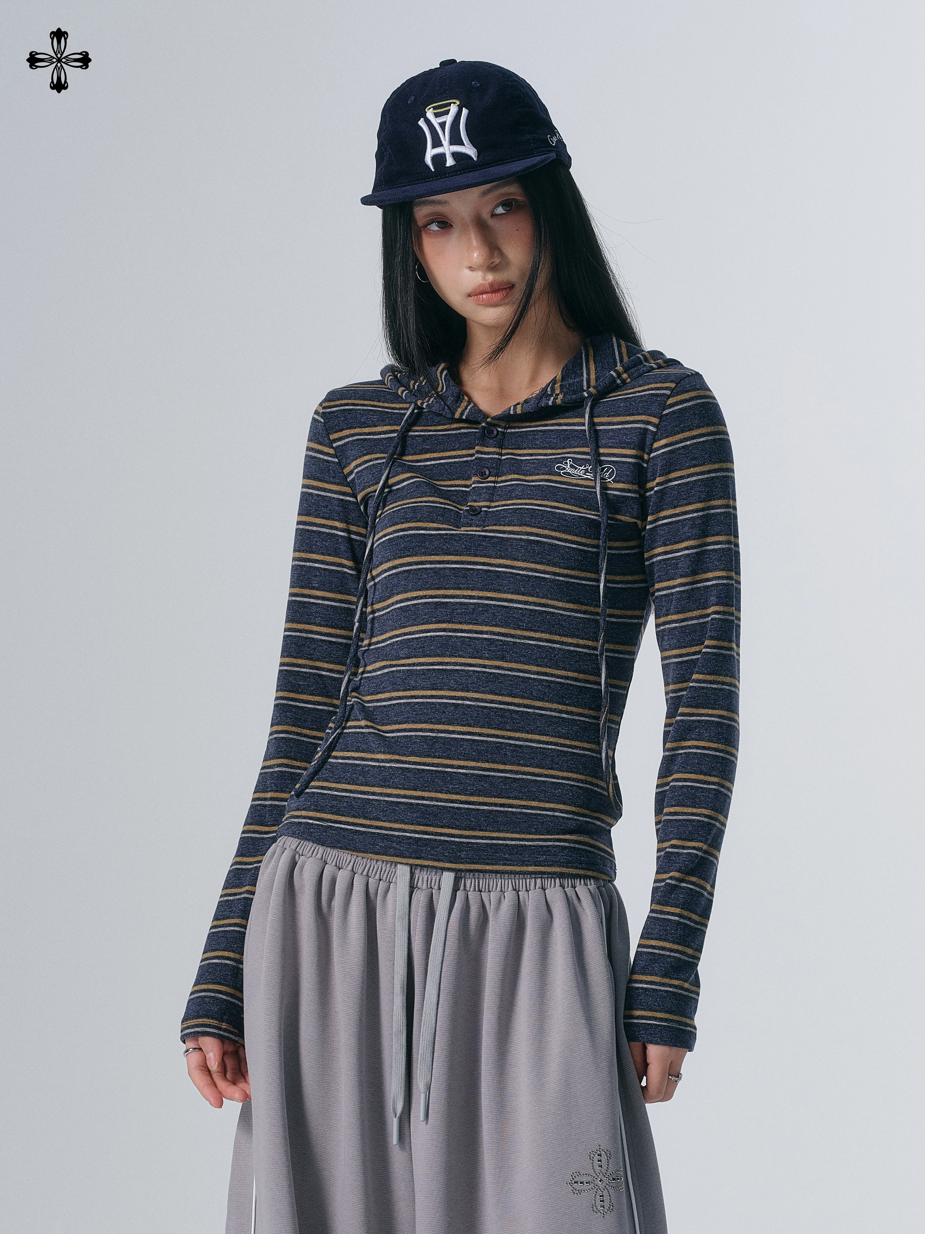 Smile Ddd Retro Striped Hooded Long Sleeve T Shirt Women's Autumn Winter New Loose Casual Versatile Jazz Dance Top