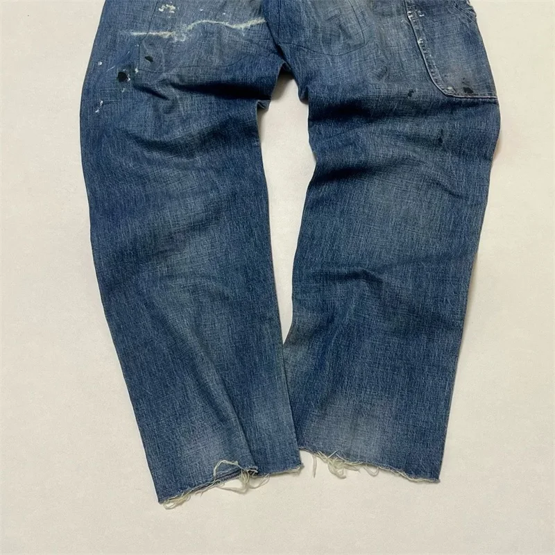 25ss Washed Blue SAINT MICHAEL Men Jeans 1:1 Top Quality Splashing Ink Through Holes Women Straight Leg Jeans