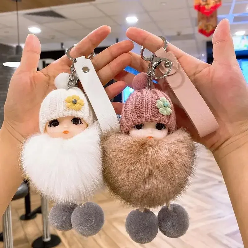 Cute Expression Face Baby Pompom Keychain Real Fox Fur Pendant For Women Bag Car Key Ring Girl Gift Charm Plush Doll Key Chain