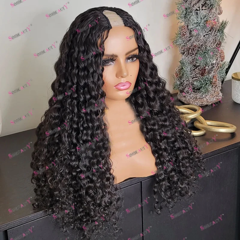 Natural Water Curly Human Hair 1x4 Size U Shaped Wigs for Black Women Peruvian Glueless Kinky Curly Afro Opening V Part Wigs