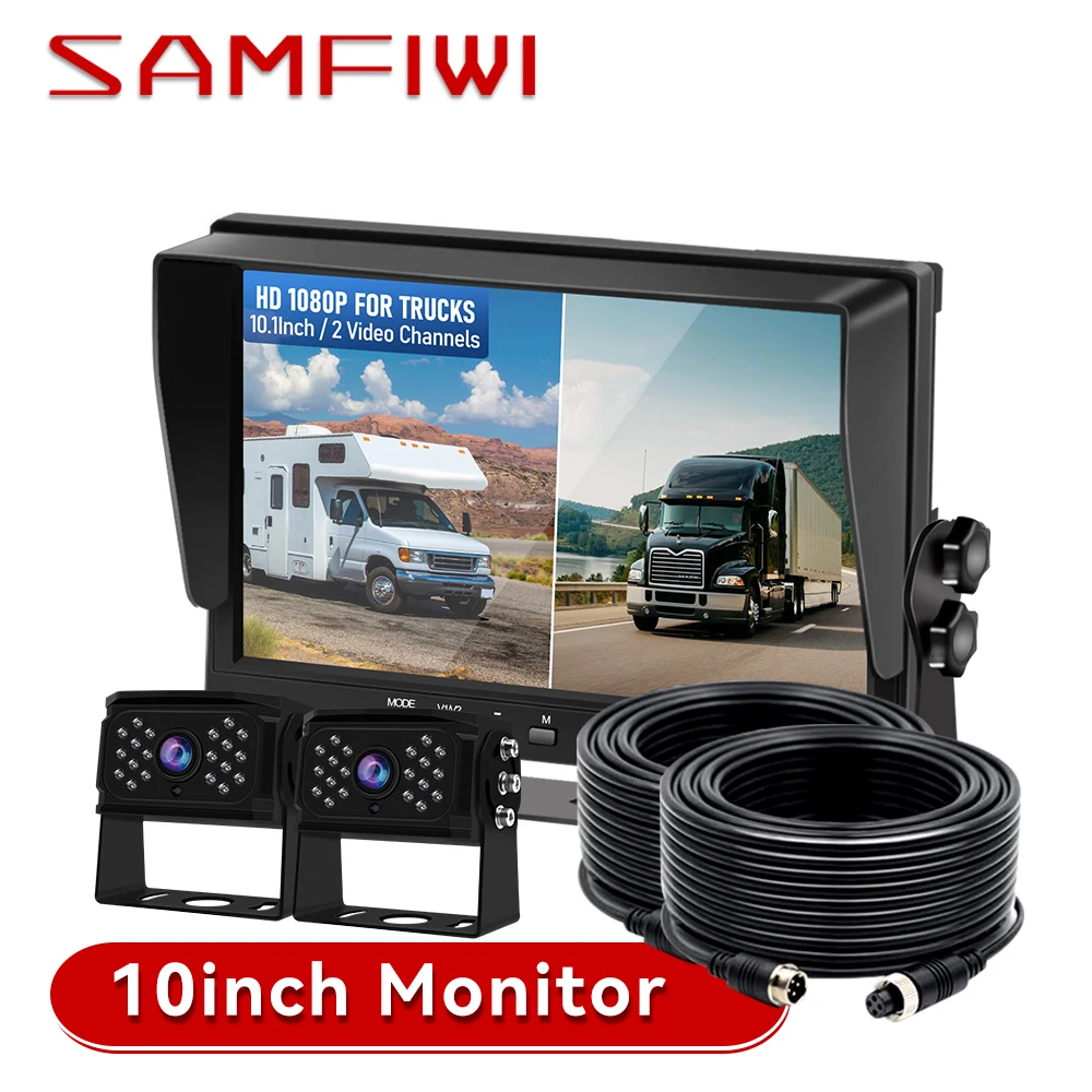 

10.1" 1080P Wired Backup Camera Dual Split Screen Monitor W/Recording Front/Rear View Cameras Parking Lines for Truck/Trailer