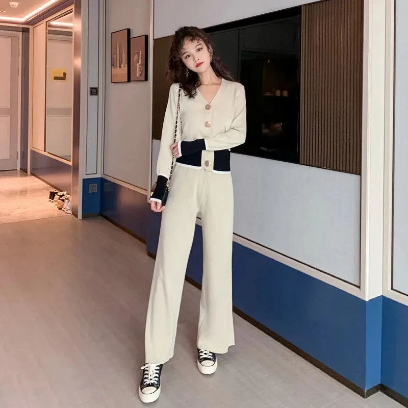 Slim Causal Pants Knitted 2 Piece Set Spring V-neck Long Sleeve Cardigan Outfits Korean Fashion Wide Leg Women Calcas Ensembles