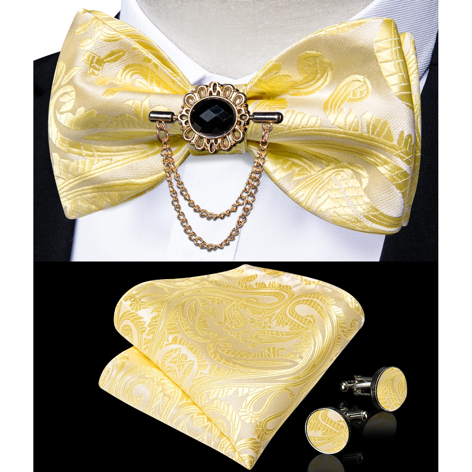 Exqusite männer Selbst-krawatte Bowties Hochzeit Krawatten Für Mann Zubehör Manschettenknöpfe Hanky Brosche Set Rot Schwarz Gelb blau Bowtie – Detail 12