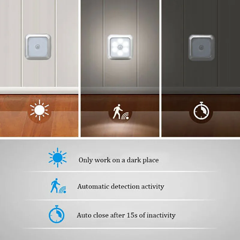 6 LED luz nocturna PIR Sensor de movimiento automático lámpara de noche para niños sala de estar dormitorio casa escalera armario lámpara de luz