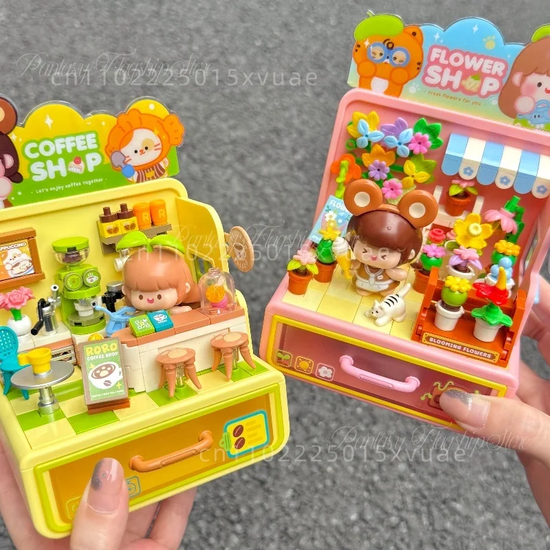 

ROROJUMP Building Blocks Cartoon Street View Shop Assembly Model Toys Desktop Storage Ornaments Kawaii Children's Holiday Gifts