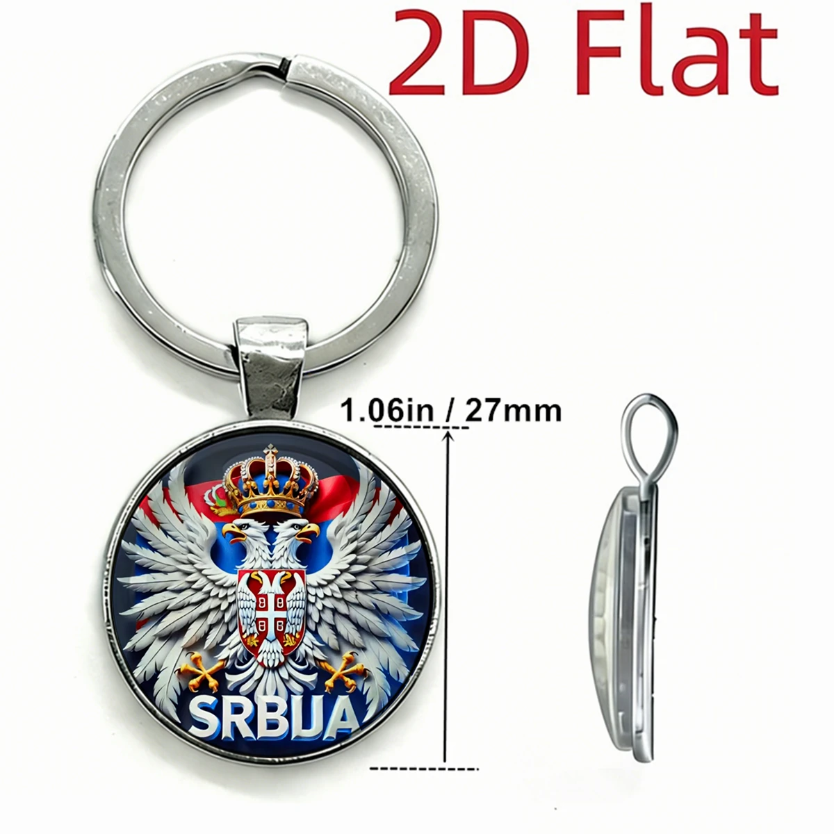 1Pc Serbia Double Headed Eagle Keychain, 2D Glass Round Metal Key Ring, Serbian Flag Coat of Arms Serbian Patriot Travel Gift
