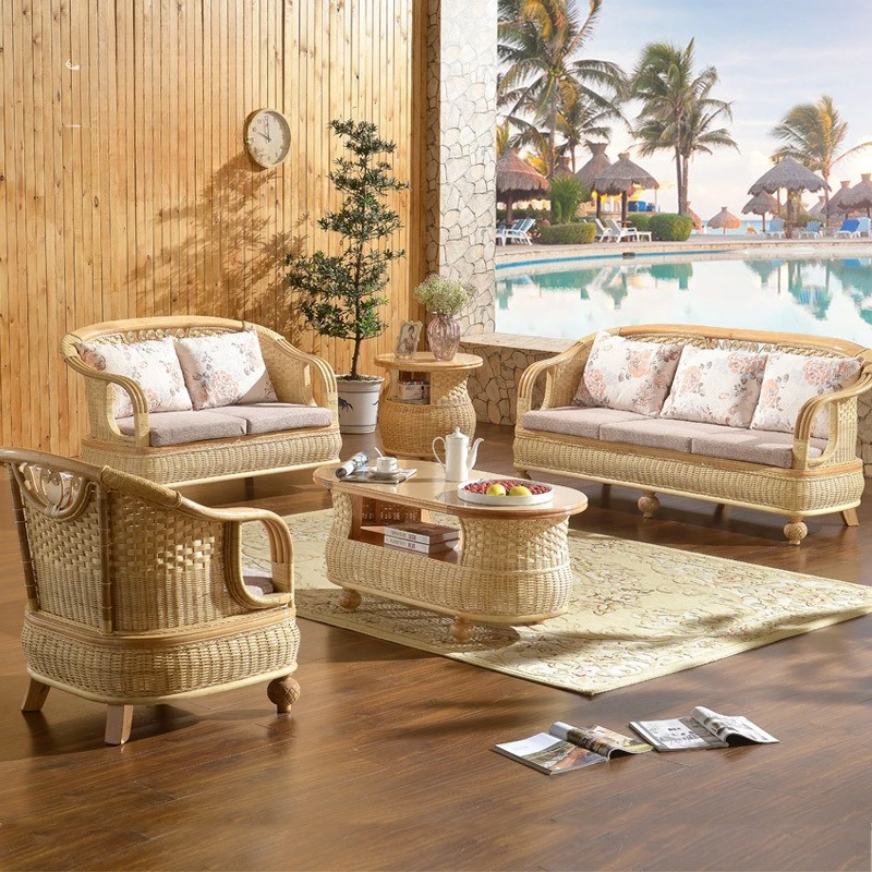 Chinese-style Indonesian rattan art rattan sofa three-person combination living room small apartment natural back chair real