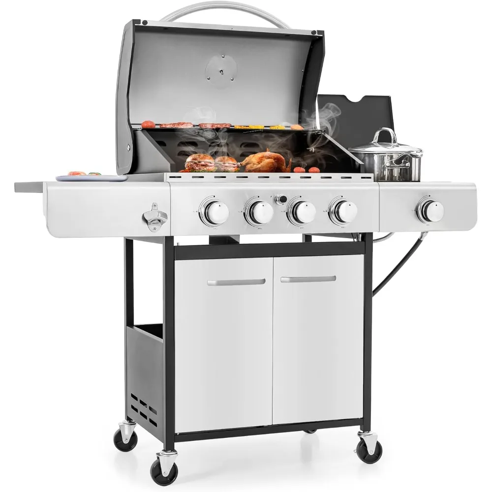 

4-Burner Propane GasGrill,with Side Burner and Porcelain-Enameled Cast Iron Grates,forOutdoor Cooking,High Output Gas BBQ Grills