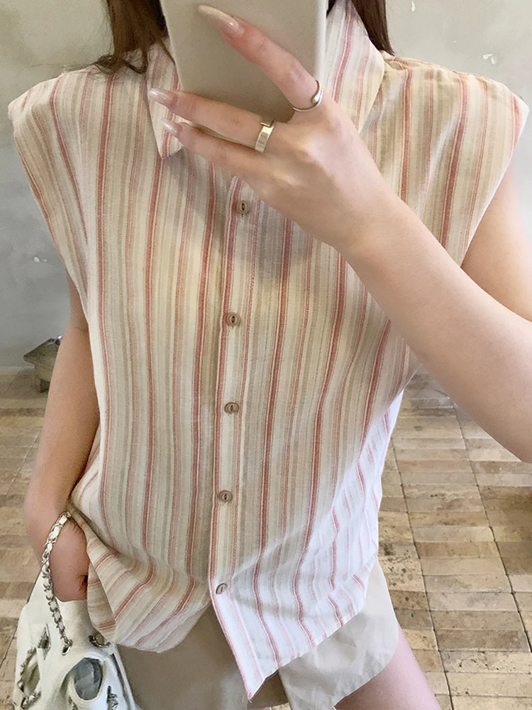 Women Vintage Striped Shirt Casual Korean Sleeveless Retro Sweet Blouse Summer Turn Down Collar Female Simple Design Tops