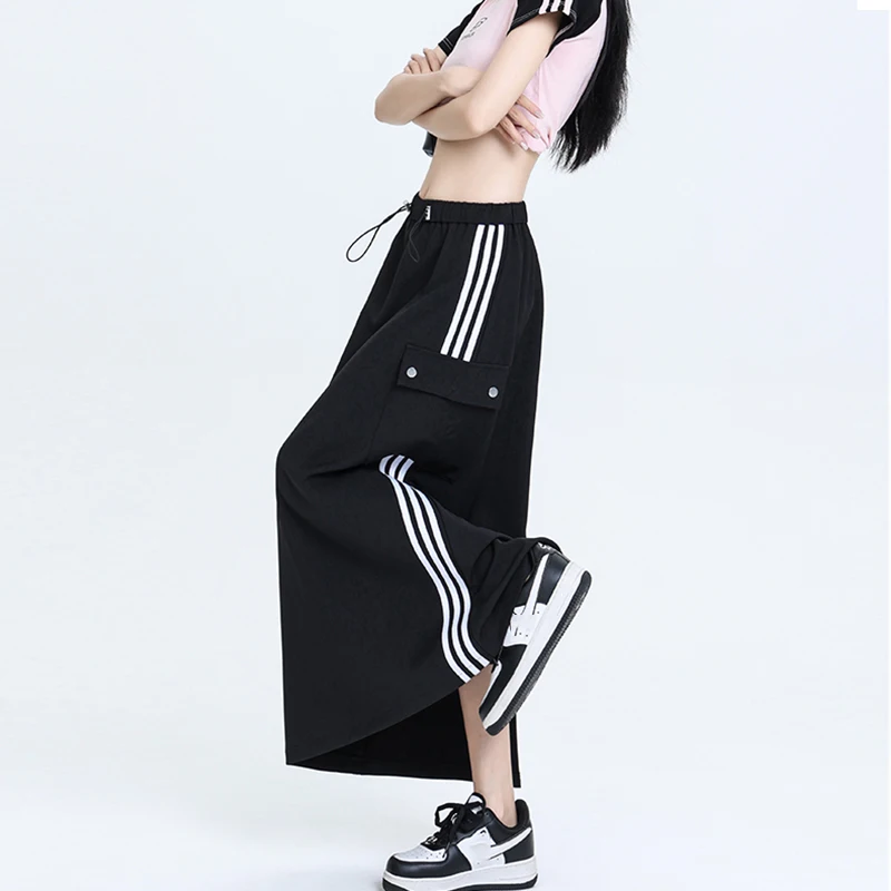 

ITOOLIN Women Drawstring Stripe Long Skirt Casual Loose High Waist Office A-line Skirt Women Y2K Streetwear Side Slit Skirts