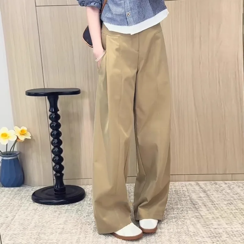 

Vintage Wide-Leg Accordion Pants for Women Spring Versatile Trendy Loose Design Khaki Suit Pants