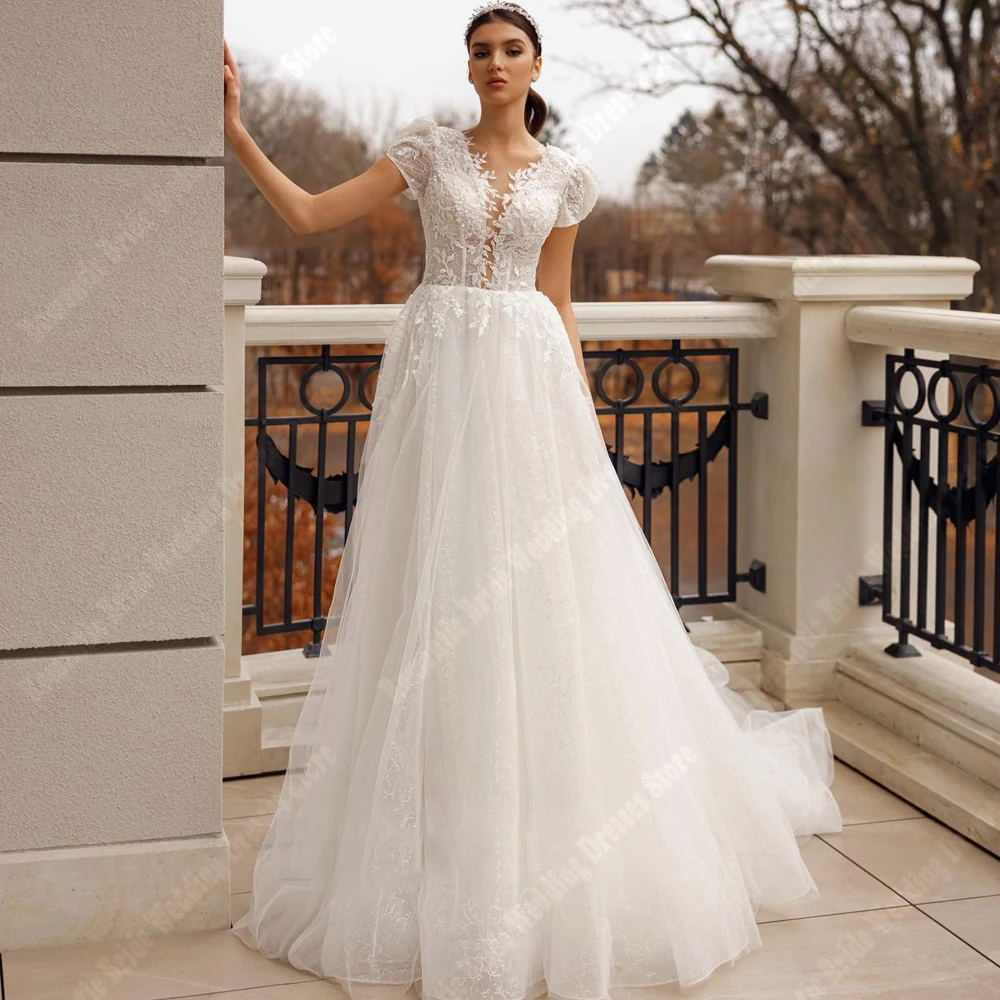 

2024 Ivory Tulle Women Wedding Dresses Fantastic beauty A-Line Bride Dresses Illusion Lace Engagement Banquet Vestidos De Novias