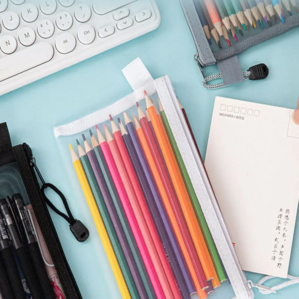 

Nylon Transparent Zipper Pencil Case Solid Color Makeup Pouch Clear Stationery Bag Travel Case Zipper Mesh Cosmetic Storage Bag