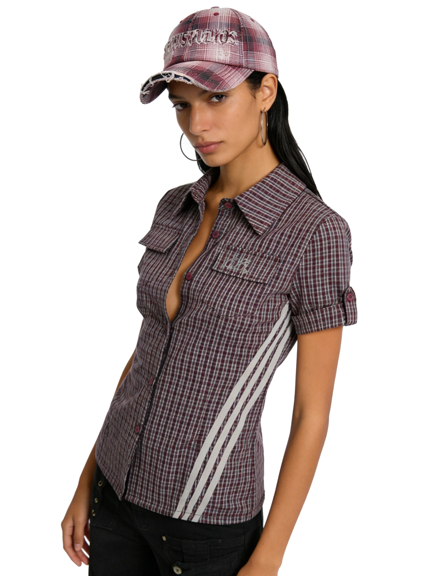 

XPKAEAX American Retro Striped Shirt Women's Summer Slim Fit Short Sleeve Turn-down Collar Shoulder Top Breathable Skin...