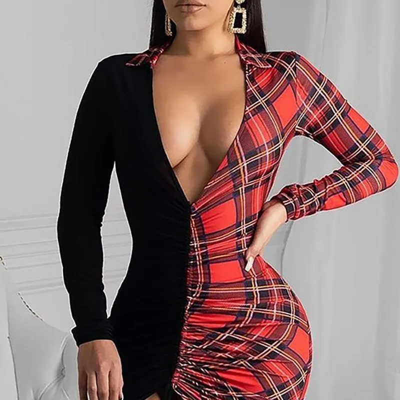 2024 Spring Summer New Dress Women Plaid Stitching Deep V-Neck Dress Women Sexy Long-Sleeve Skinny Drawstring Irregular Dress