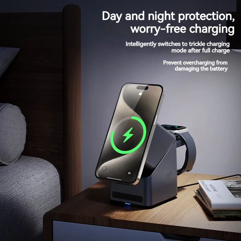4in1 Electric Rotating Magnetic 15W Wireless Charger Time Display Touch Rotation for  iPhone Watch AirPods Ideal Charging Stand - náhled 4