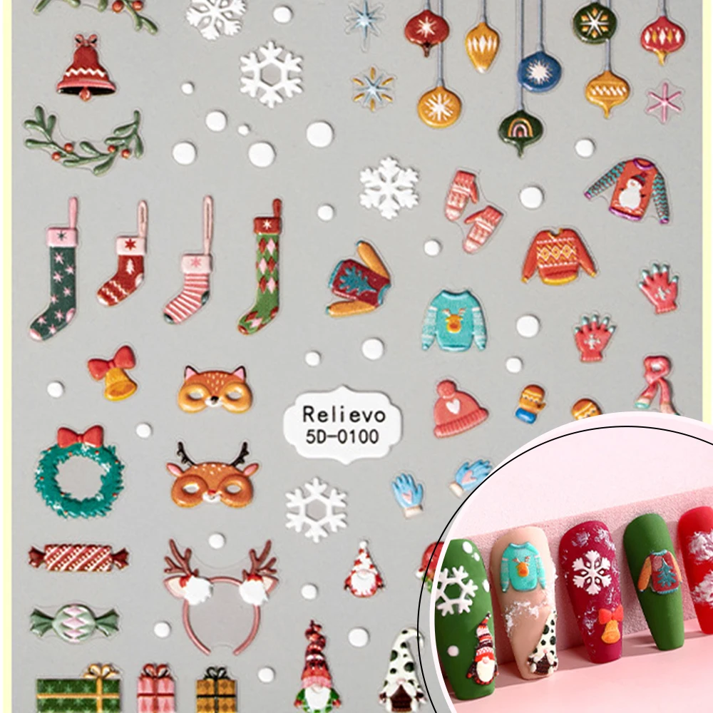 สติกเกอร์ติดเล็บลายนูน 5 มิติ ลายต้นคริสต์มาส เกล็ดหิมะ ตุ๊กตาหิมะ ขนมปังขิง สำหรับตกแต่งเล็บ