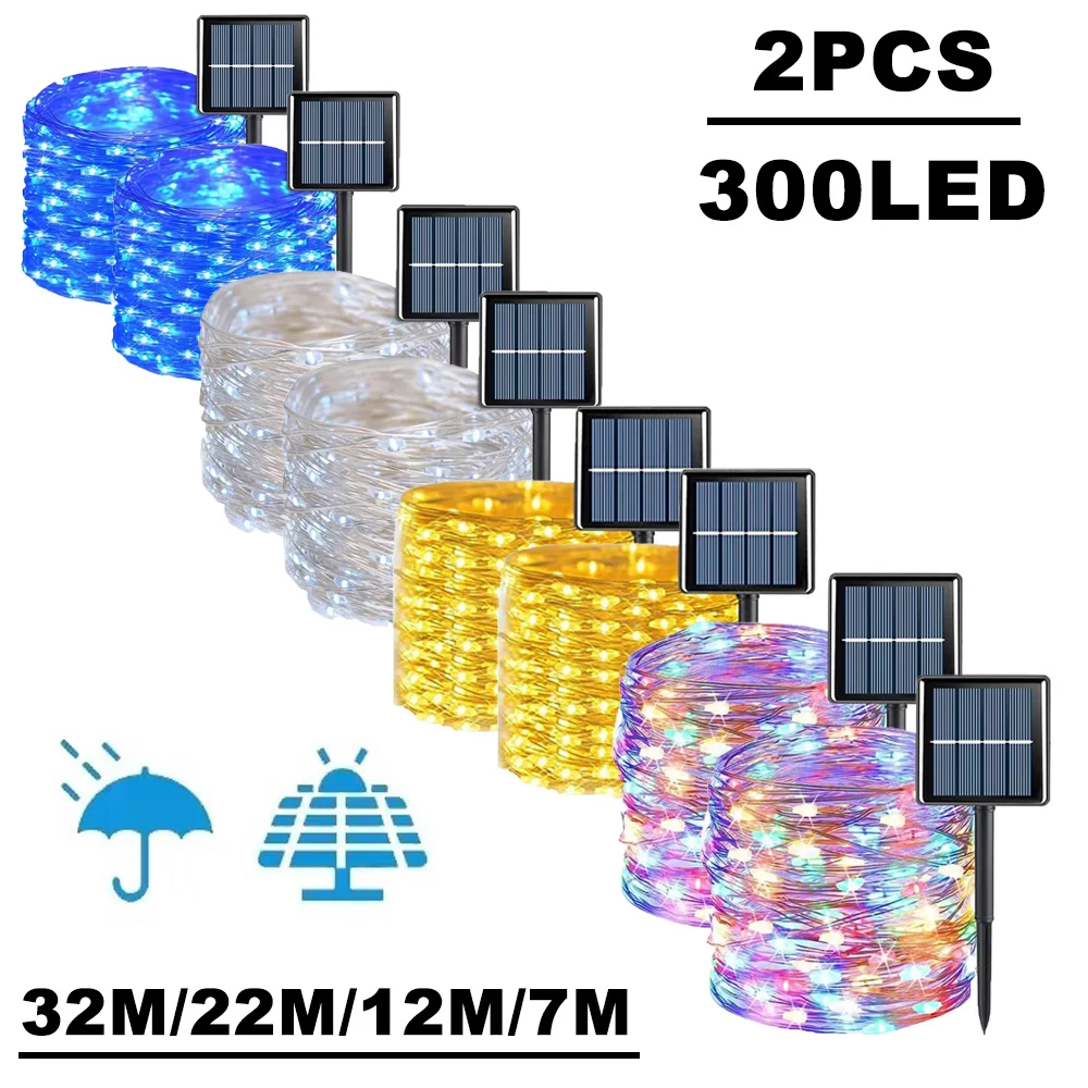 32m/22m/12m/7m Solar LED Light Outdoor Festoon Waterproof Garland String Lights Street Garland for Christmas Wedding Party Decor