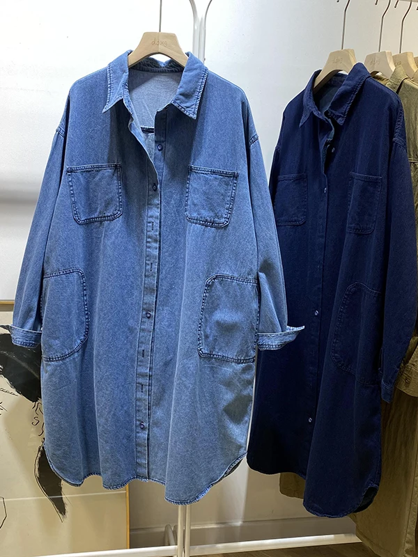 

Trendy Casual Cotton Denim Shirt Women's Loose Fit Korean Style Spring Fashion Long Sleeve Collar Mid-Length Top Coat
