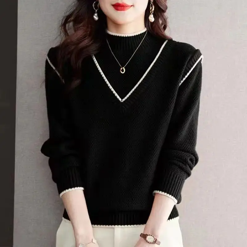 Women\'s Clothing Half High Collar Screw Thread Solid Color Pullover Long Sleeve Sweater Knitted Elegant Contrast Color Tops