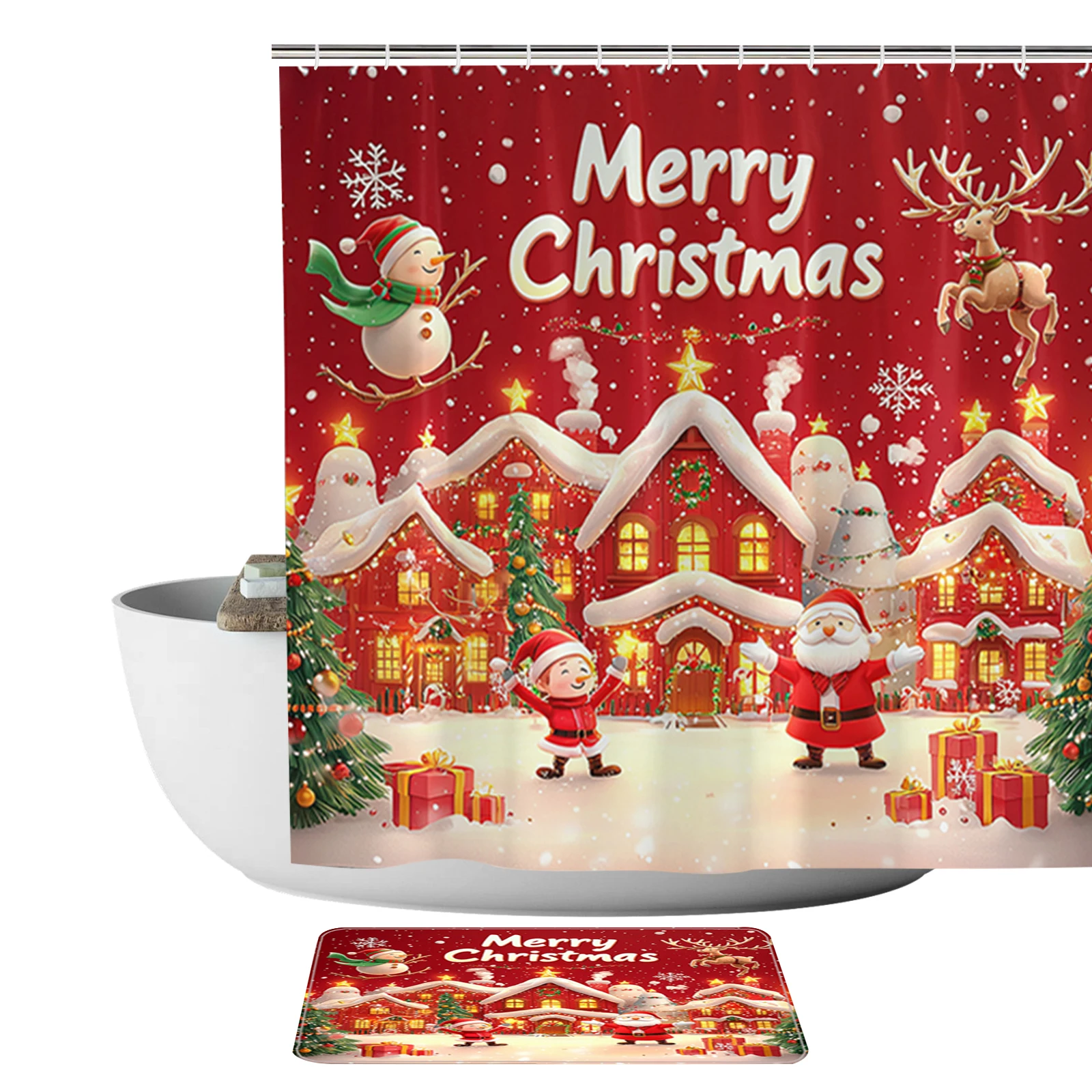 

4pcs Christmas Shower Curtain Set with Rug Toilet Lid Cover Bath Mat Xmas Bathroom Shower Suit Santa Claus Bathroom Decoration