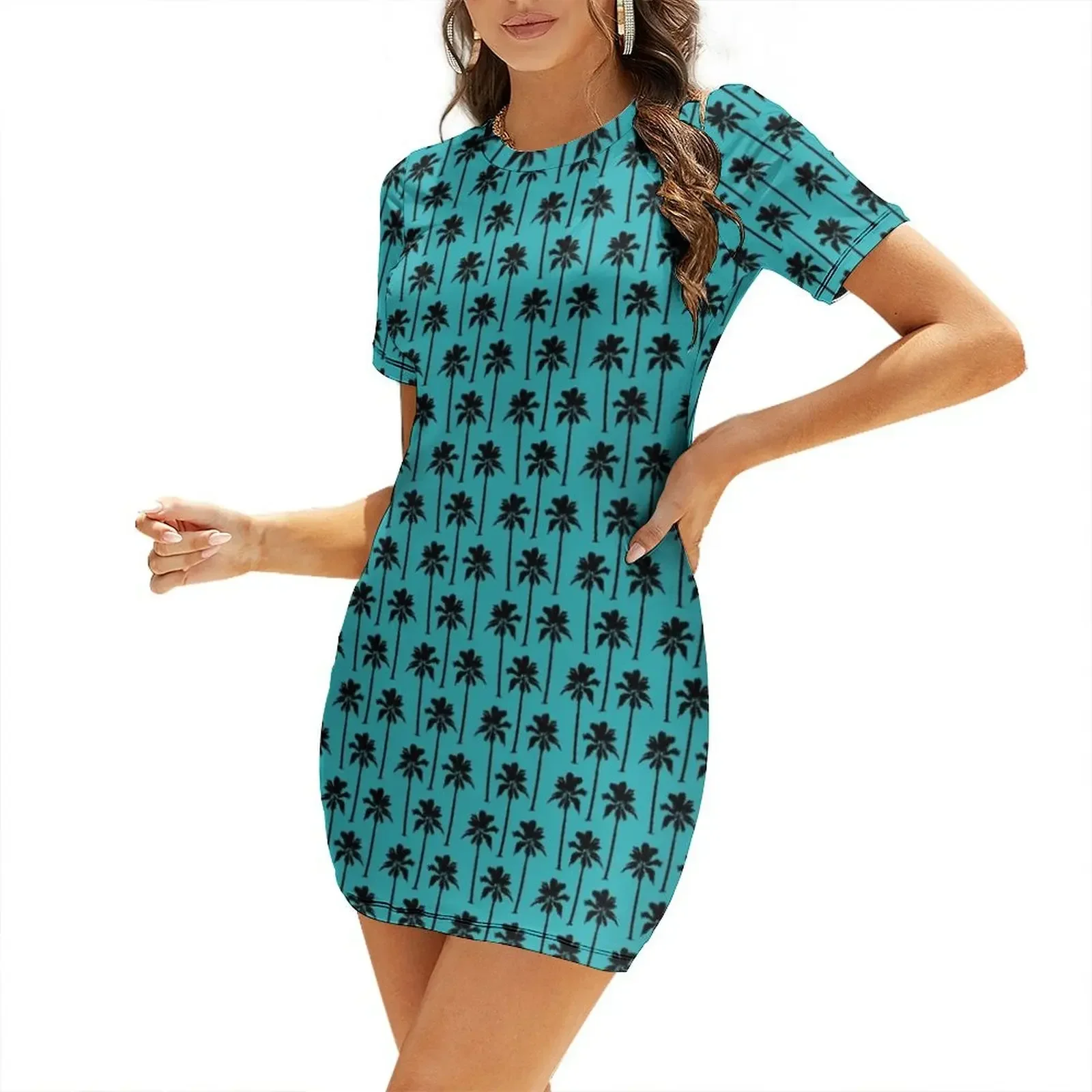 

Black Palm Trees on Aqua Background Short-Sleeved Dress clothes for woman Women's clothing Dress for girls Beachwear
