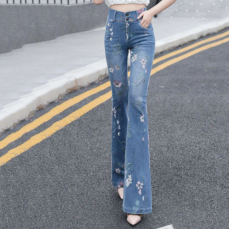 Temperament Elastic Force Women's Jeans 2024 Spring Autumn Summer High-Waisted Slim Patchwork Fashion Printing Women's Pants H31