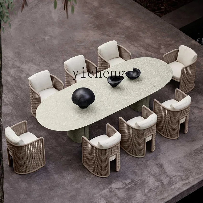 Outdoor Desk-Chair Dining Table Rattan Chair Western Restaurant Long Table Marble Rattan Outdoor Outdoor Furniture