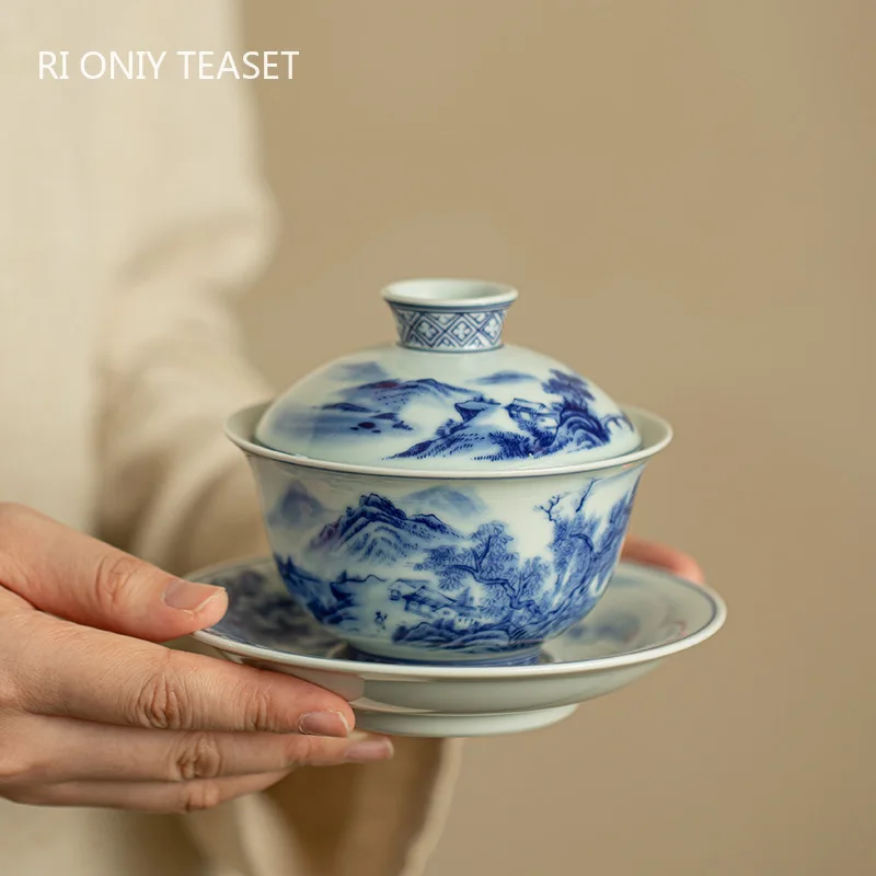 Chinese Blue and White Landscape Ceramic Gaiwan Teacup Handmade Porcelain Tea Tureen Household Tea Bowl Travel Portable Teaware