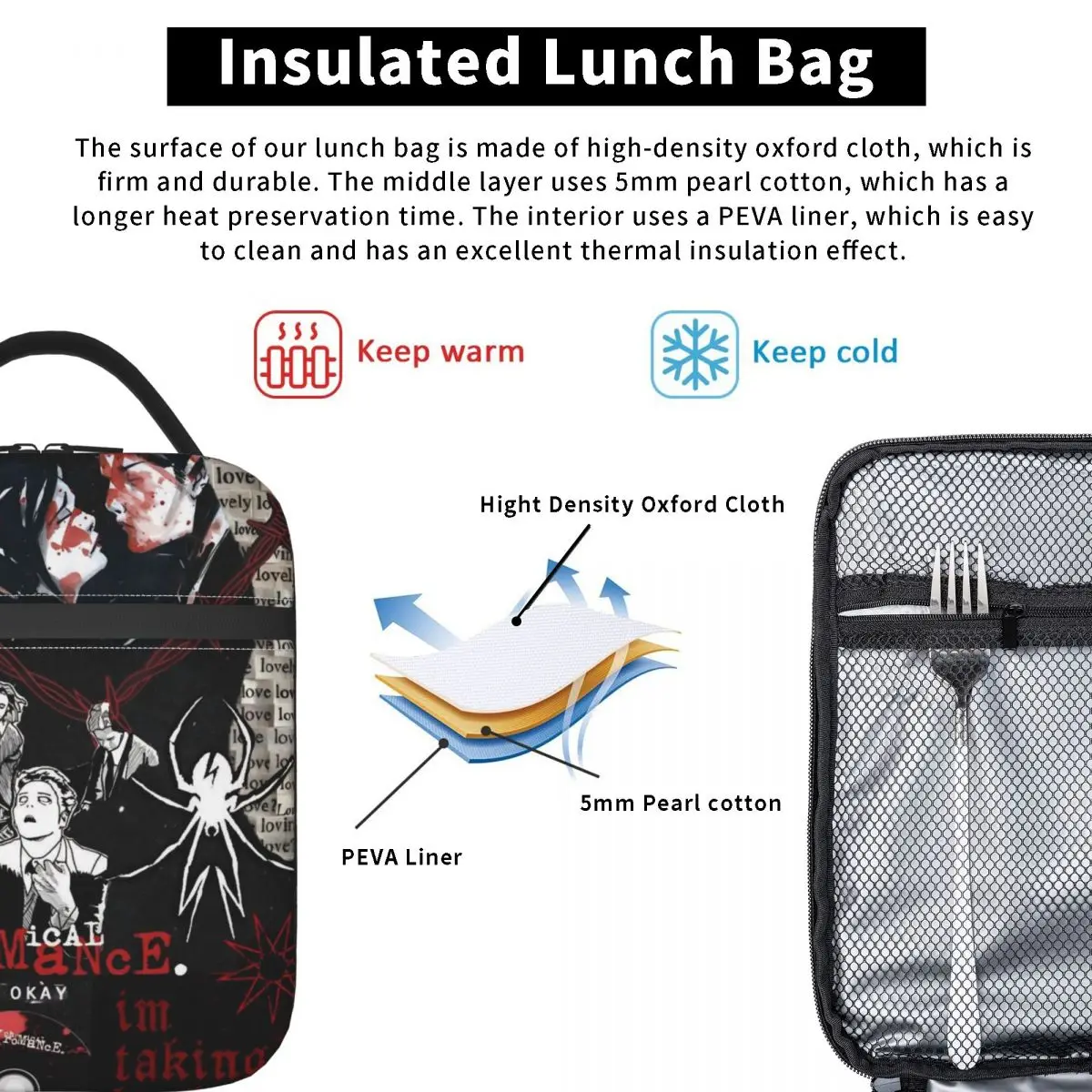 My Chemical Romance MCR Музыкальная группа Сумка для обеда Ретро ланч-бокс Пляжная портативная сумка-тоут Сумка-холодильник с принтом