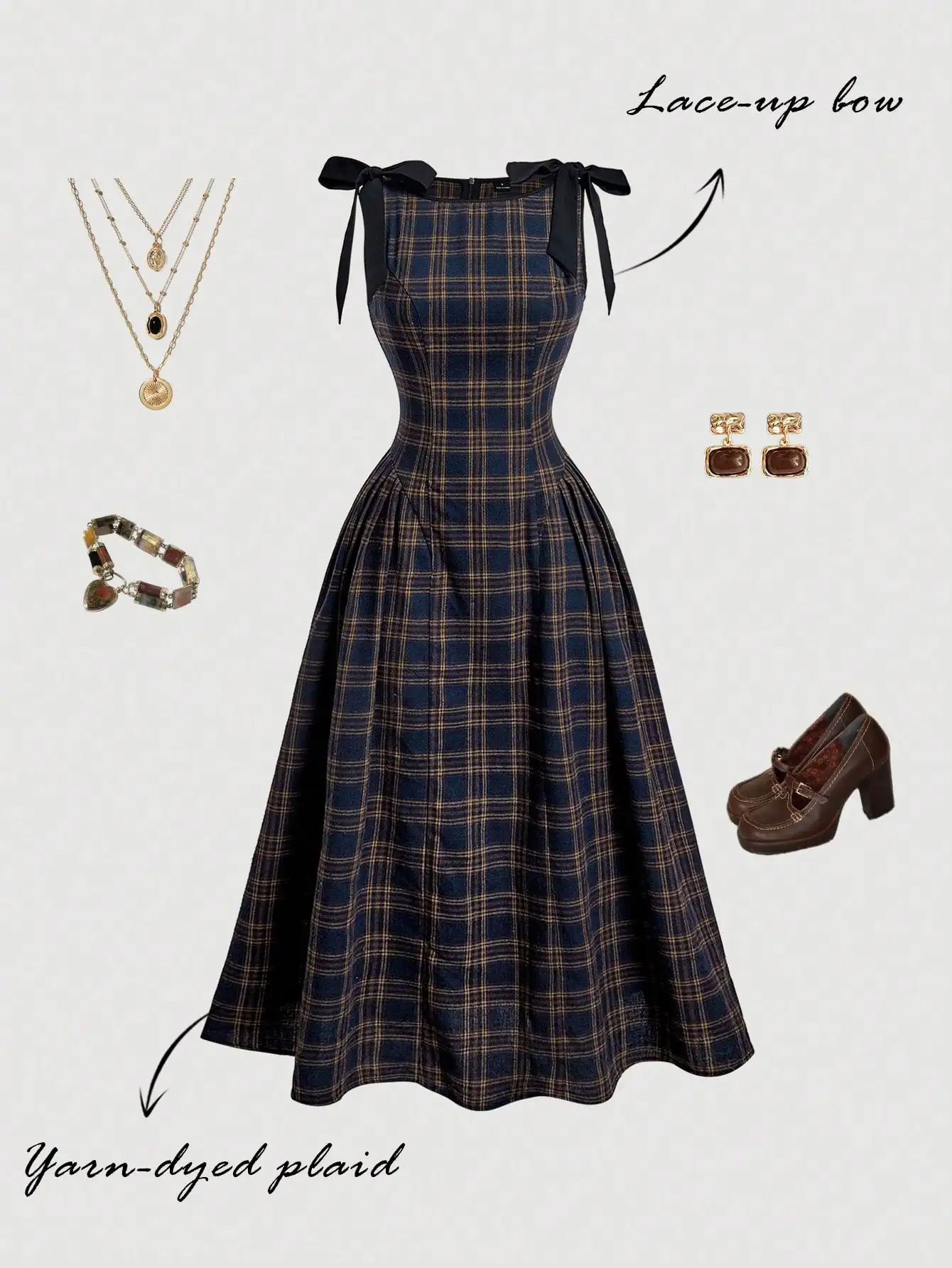 

Темно-синее платье без рукавов в клетку из окрашенной пряжи с вырезом на шее с завязками-бантом