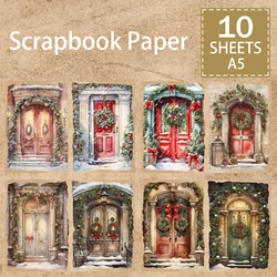 10 Sheets A5 Size Christmas Red Wooden Door Wreath Background Vintage Grunge Journal Planning Scrapbooking