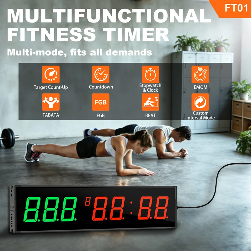 Temporizador Digital de Fitness FT01, Cuenta Regresiva, Cuenta Ascendente, Cronómetro de 12/24H, Temporizador de Gimnasio con Control Remoto Inalámbrico para HIIT, TABATA, EMOM