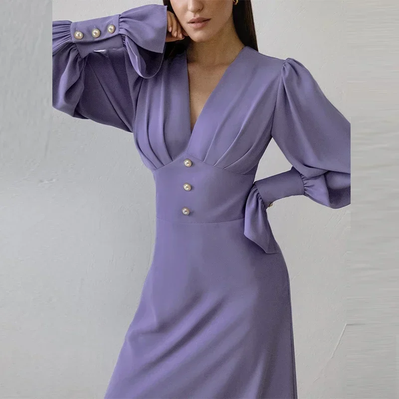 French Slim Breathable Ladies Dress Autumn Lantern Long Sleeve V Neck Long Dress Vintage Elegant Solid Color Pearl Women Dresses