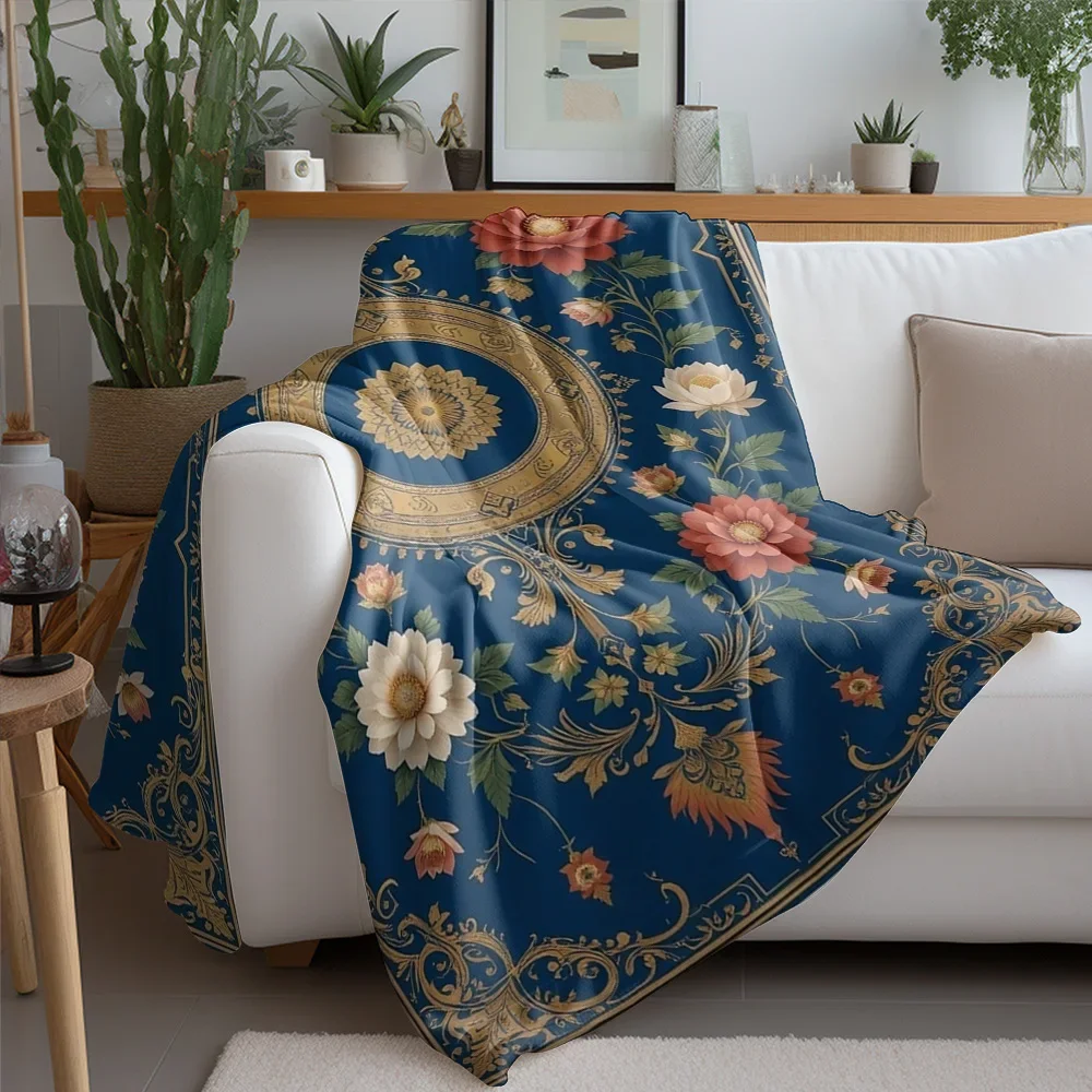 Luxurious Velvet Floral Embroidery Throw Blanket Sofa Bed Cover Decorative Bedspread with Golden Frame Cushion Cover