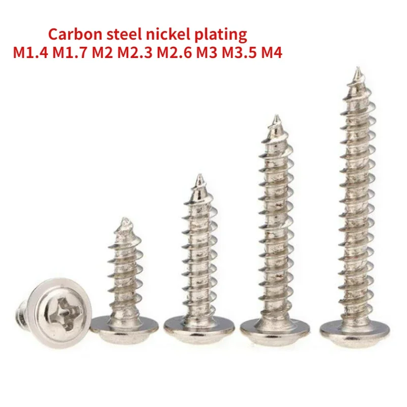 

100/200/500pcs Carbon Steel Nickel Plating DIN968 Cross Round Head Tapping Screw with Gasket M1.4 M1.7 M2 M2.3 M2.6 M3 M3.5 M4