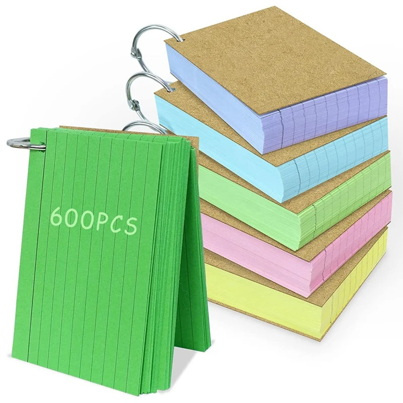 

N99R Index Cards 3X5 Inches Colored Flash Cards With Ring, Punched Lined Flash Cards Ruled Index Cards 600 PCS