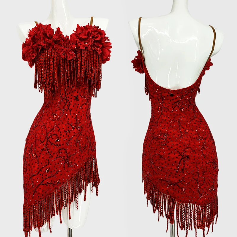 

Red Latin Dance Dress Women Suespender Flower Fringe Dress Club Prom Performance Dancewear Sexy Competition Clothing BL14576