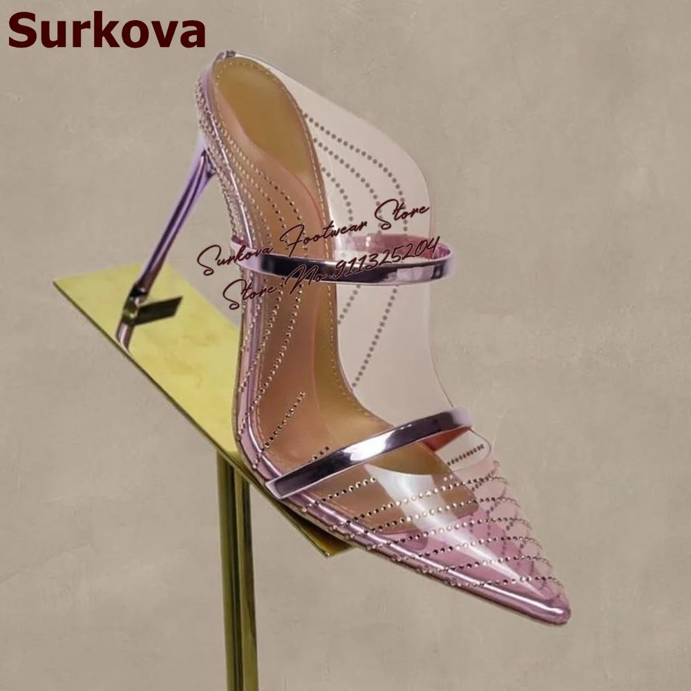 

Surkova Pink Transparent Pvc Crystal High Heel Mules Bling Bling Rhinestone Clear Wedding Shoes Glossy Straps Slip-On Pumps