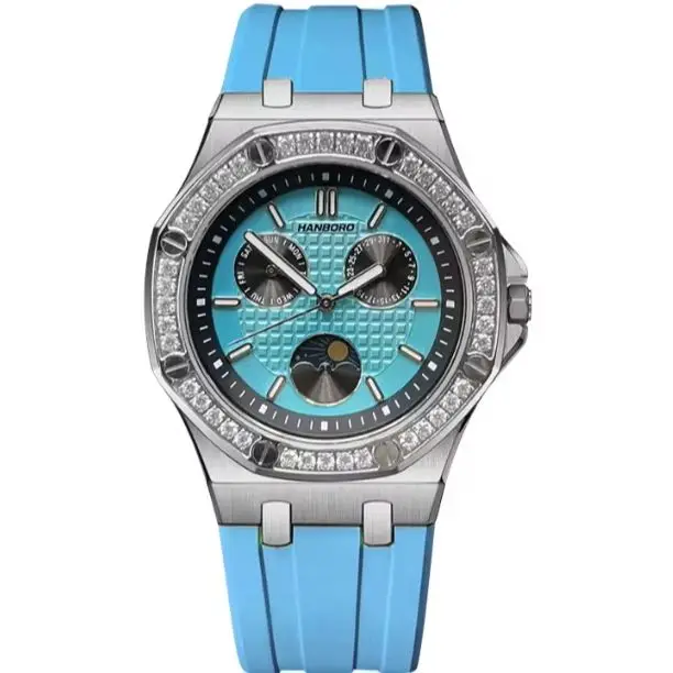 HANBORO Women Quartz Watch Vintage 37mm Ladies Wristwatch Luminous 50M Waterproof Sapphire Mirror Multi-Dial Week Date Sun-Moon