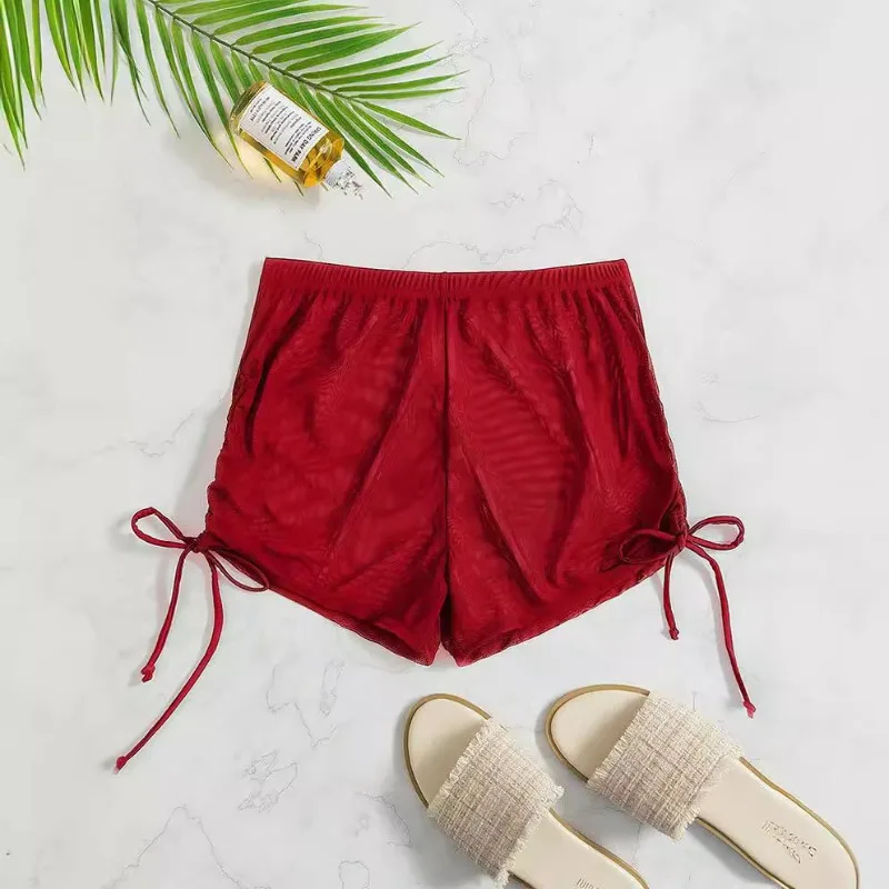 

Solid Color Transparent Mesh Drawstring Square Cut Beach Swim Trunks Men Quick Dry Summer Beach Vacation Swimming Shorts
