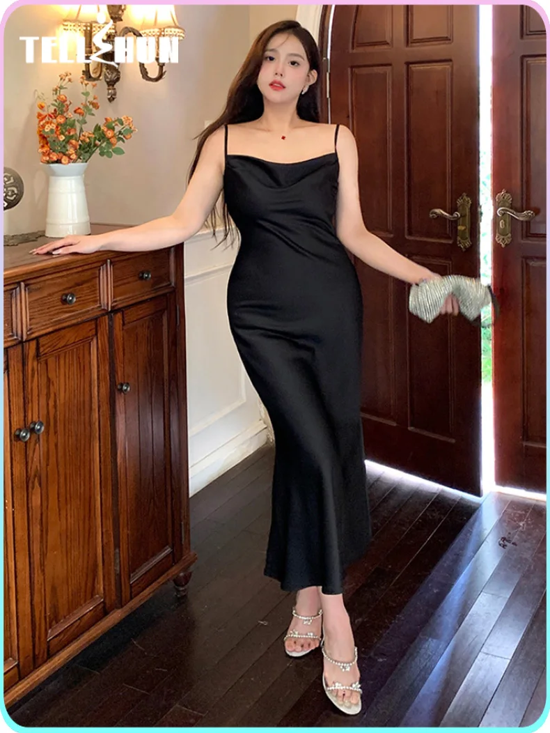 Solid satin elegant little black dress for women long summer Mermaid sexy evening party dress casual sundress luxury plus size