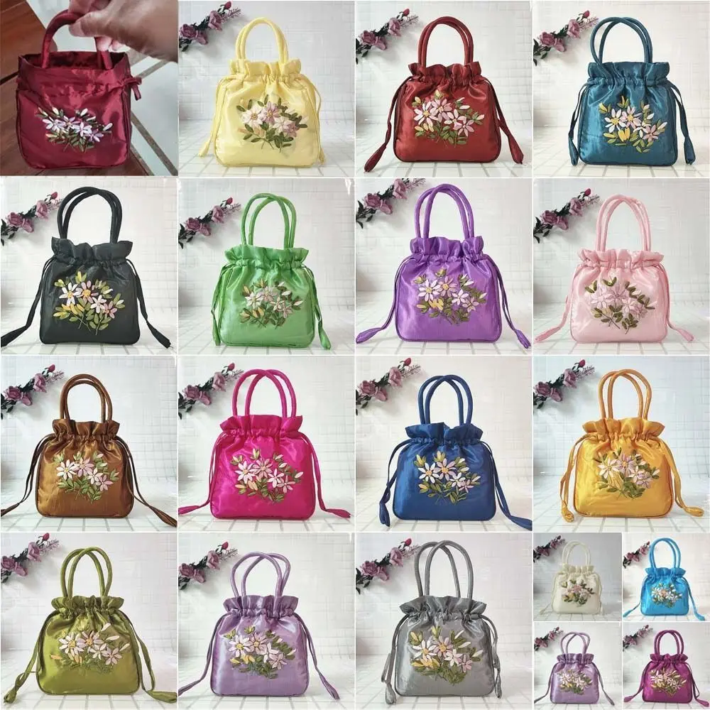 Saco de cordão Hanfu seda cetim, saco mamã estilo étnico, bolsa de flores bordadas, bolsa de armazenamento coreana, carteira diária