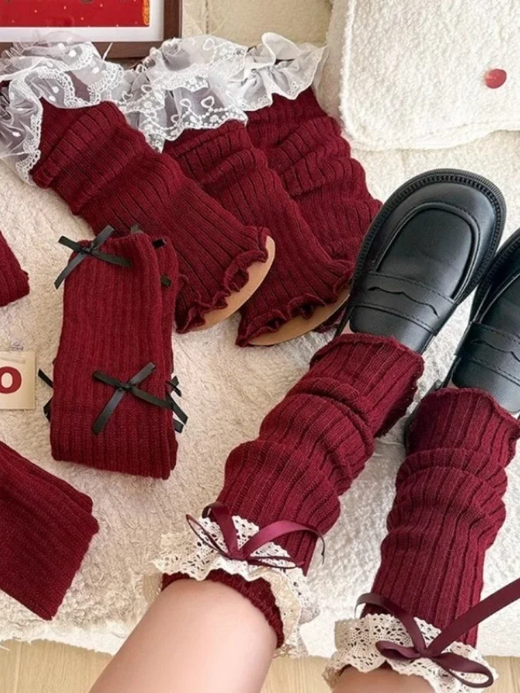 New Design Bow Wine Red Leg Warmers Autumn/Winter Women Ballet Style Lace Trim Stacked Socks Christmas Knitted JK Slouch Socks